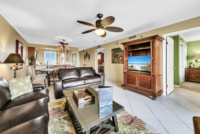 502 Gulf Shore Dr Unit 413, Destin, FL 32541 - living area with ceiling fan, crown molding, light tile patterned floors, a chandelier, and a textured ceiling