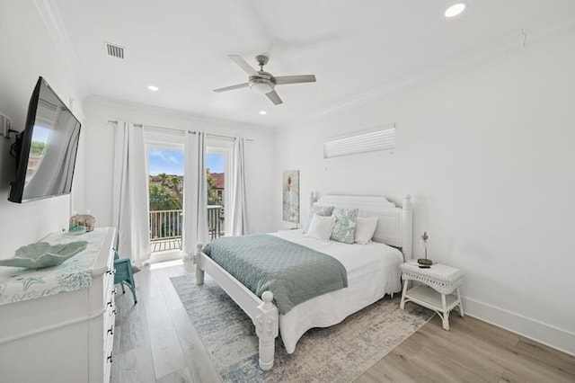 bedroom with access to exterior, crown molding, light wood-style flooring, recessed lighting, and baseboards
