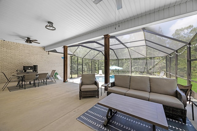 5881 Stacy Ln, Crestview, FL 32536 - view of patio with ceiling fan, an outdoor living space, outdoor dining area, an outdoor pool, and a lanai