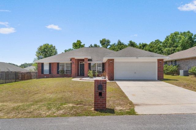 ranch-style house with an attached garage, concrete driveway, brick siding, central AC unit, and a shingled roof