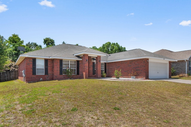 ranch-style house featuring a garage, driveway, brick siding, and roof with shingles