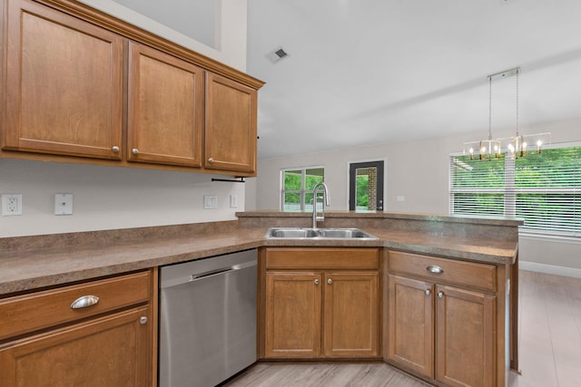 2354 Barberee Dr, Crestview, FL 32536 - kitchen featuring stainless steel dishwasher, a sink, a peninsula, brown cabinetry, and light wood finished floors