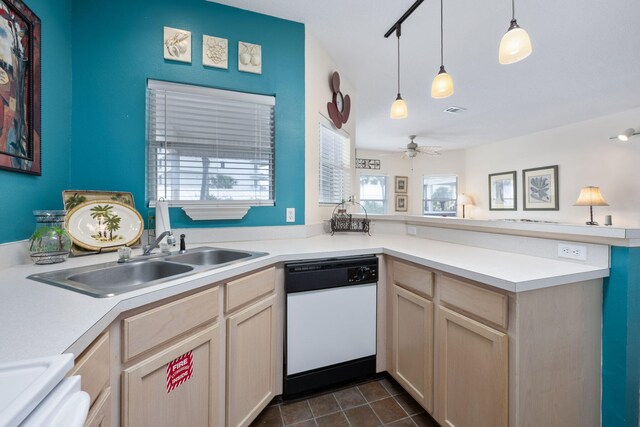 775 Gulf Shore Dr Unit 9222, Destin, FL 32541 - kitchen with white dishwasher, a peninsula, light countertops, ceiling fan, and a sink
