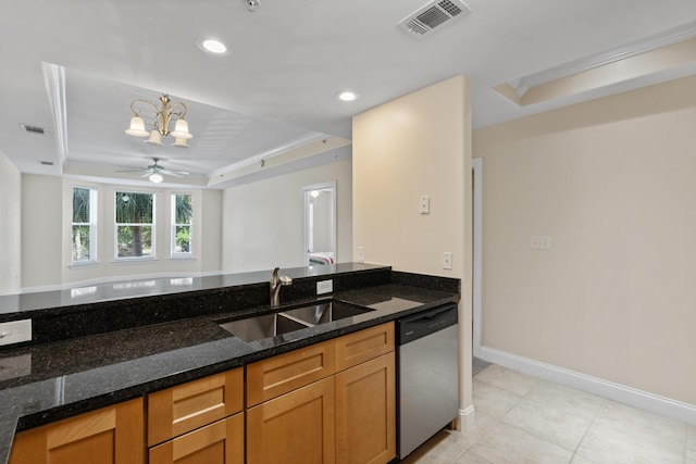 251 Mattie M Kelly Blvd Unit 203, Destin, FL 32541 - kitchen featuring dishwasher, a raised ceiling, a sink, dark stone counters, and a chandelier