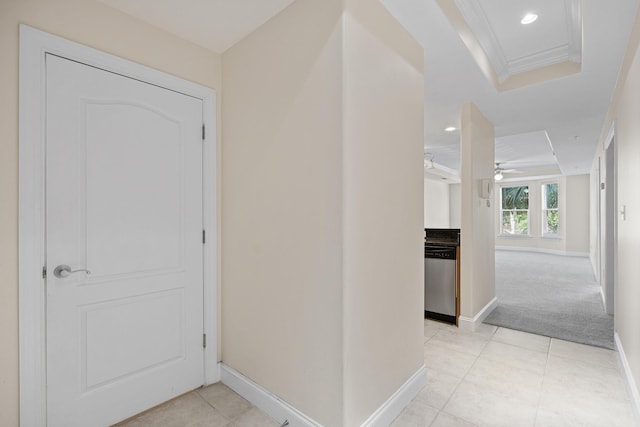 251 Mattie M Kelly Blvd Unit 203, Destin, FL 32541 - entrance foyer with baseboards, light carpet, ornamental molding, recessed lighting, and a tray ceiling