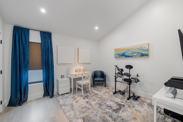 office area with vaulted ceiling, recessed lighting, and baseboards