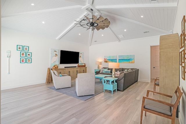 living room featuring light wood-style flooring, beam ceiling, wooden ceiling, baseboards, and high vaulted ceiling