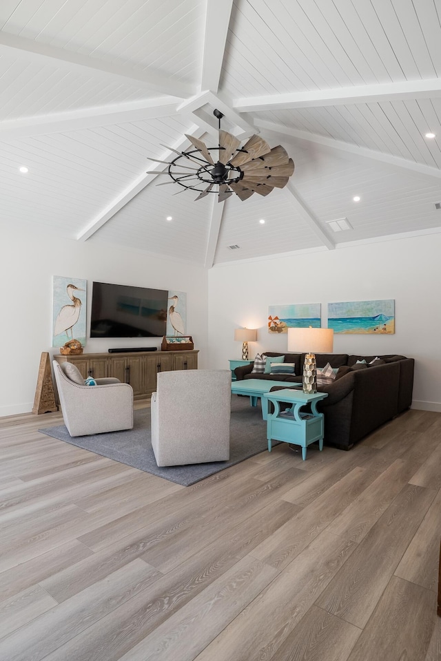 living room with wood finished floors, wooden ceiling, recessed lighting, and baseboards