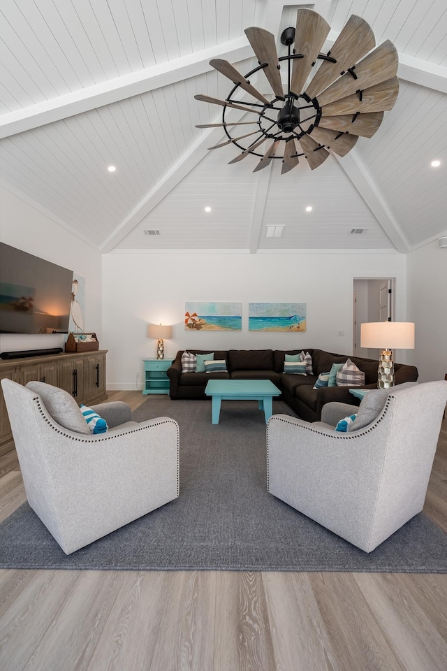 living area featuring wooden ceiling, wood finished floors, baseboards, and recessed lighting