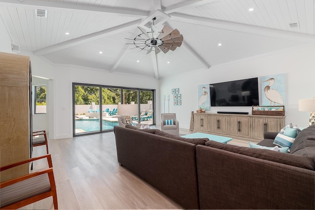 living area with light wood-style floors, beam ceiling, wooden ceiling, high vaulted ceiling, and baseboards