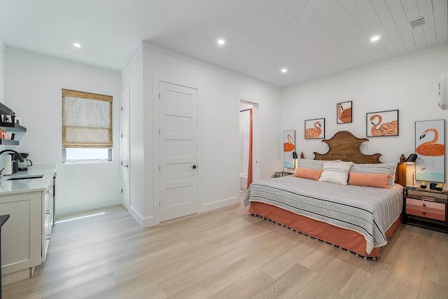 bedroom with light wood-type flooring, a sink, ornamental molding, recessed lighting, and wooden ceiling