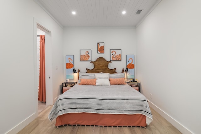 bedroom with recessed lighting, light wood-style flooring, crown molding, baseboards, and wood ceiling