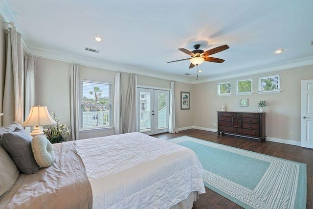 bedroom featuring french doors, access to outside, ornamental molding, dark wood finished floors, and recessed lighting