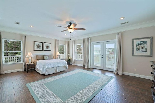 bedroom with access to outside, french doors, baseboards, crown molding, and dark wood-style flooring