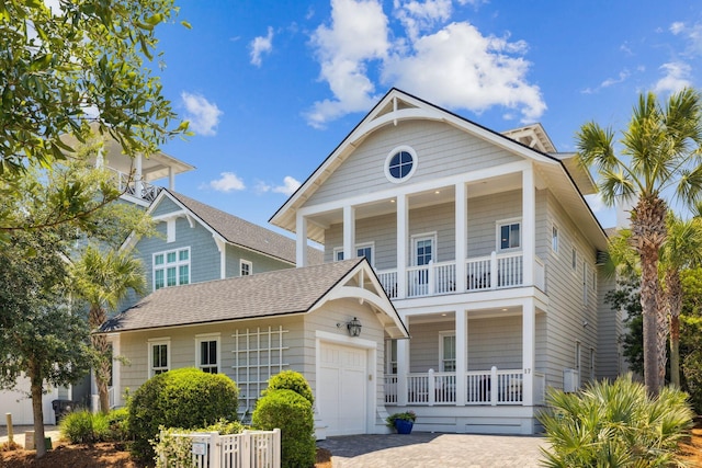 17 Compass Point Way, Watersound, FL 32461 - view of front of house featuring a porch, a garage, a balcony, driveway, and a shingled roof
