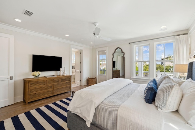 17 Compass Point Way, Watersound, FL 32461 - bedroom with crown molding, light wood-type flooring, recessed lighting, baseboards, and a ceiling fan