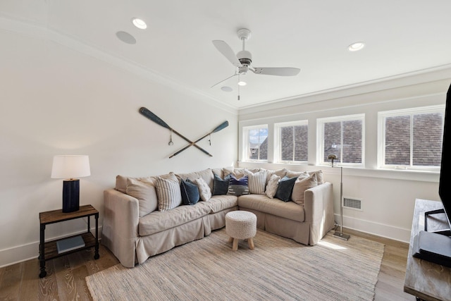 17 Compass Point Way, Watersound, FL 32461 - living area with baseboards, ceiling fan, light wood-style flooring, crown molding, and recessed lighting