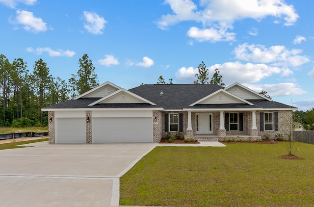 craftsman-style home with brick siding, an attached garage, concrete driveway, and roof with shingles