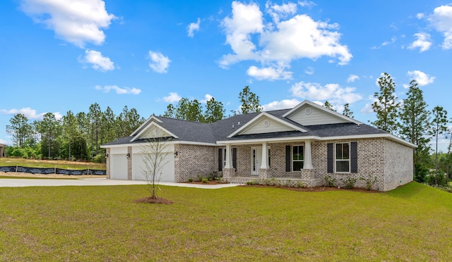 craftsman house with brick siding, driveway, a porch, and a garage