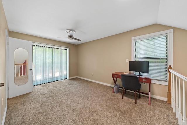 439 Big Cedar Rd, Ponce De Leon, FL 32455 - carpeted home office featuring a ceiling fan, baseboards, and vaulted ceiling