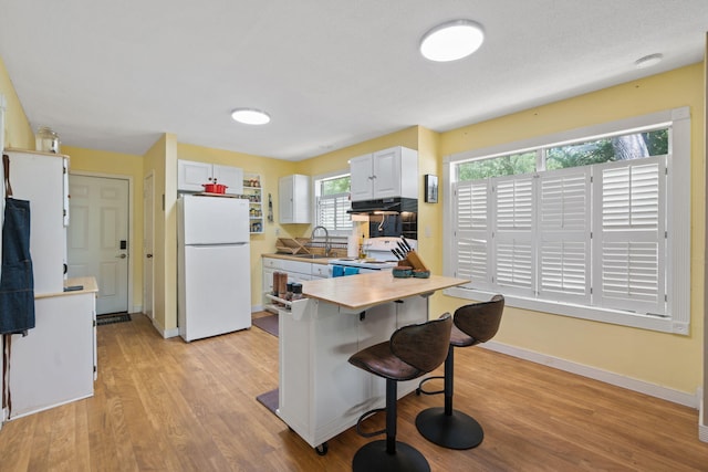 439 Big Cedar Rd, Ponce De Leon, FL 32455 - kitchen with white appliances, under cabinet range hood, a breakfast bar, light wood-type flooring, and a sink