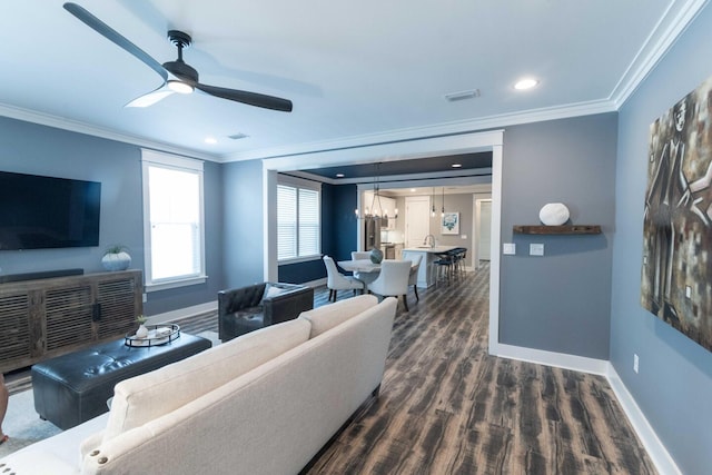 105 Somersault Ln, Inlet Beach, FL 32461 - living room with ornamental molding, dark wood finished floors, a ceiling fan, a chandelier, and recessed lighting