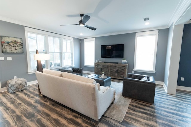 105 Somersault Ln, Inlet Beach, FL 32461 - living room with crown molding, a ceiling fan, plenty of natural light, and recessed lighting