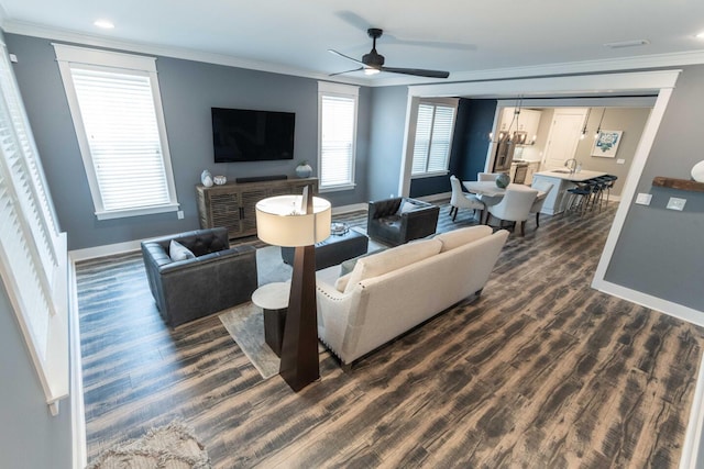 105 Somersault Ln, Inlet Beach, FL 32461 - living area featuring ornamental molding, a ceiling fan, dark wood-style floors, plenty of natural light, and recessed lighting