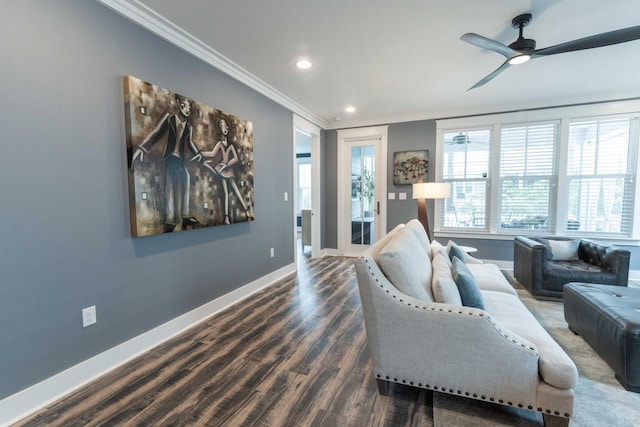 105 Somersault Ln, Inlet Beach, FL 32461 - living area featuring crown molding, wood finished floors, recessed lighting, and ceiling fan