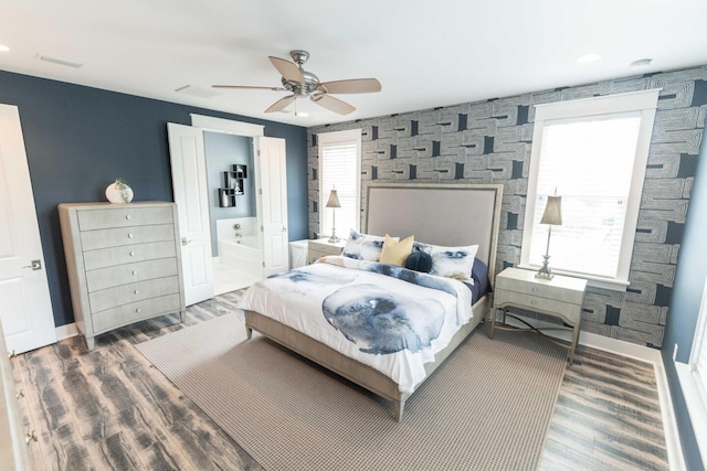 105 Somersault Ln, Inlet Beach, FL 32461 - bedroom featuring wood finished floors, ceiling fan, and ensuite bathroom