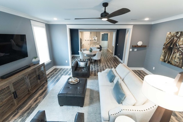 105 Somersault Ln, Inlet Beach, FL 32461 - living area featuring wood finished floors, a ceiling fan, ornamental molding, recessed lighting, and a chandelier