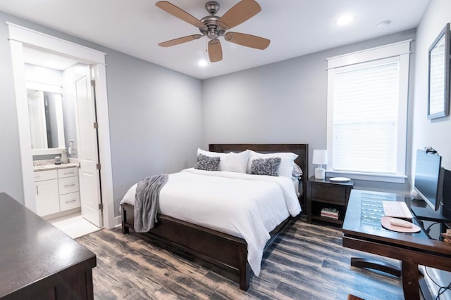 105 Somersault Ln, Inlet Beach, FL 32461 - bedroom featuring ensuite bath, wood finished floors, recessed lighting, and ceiling fan
