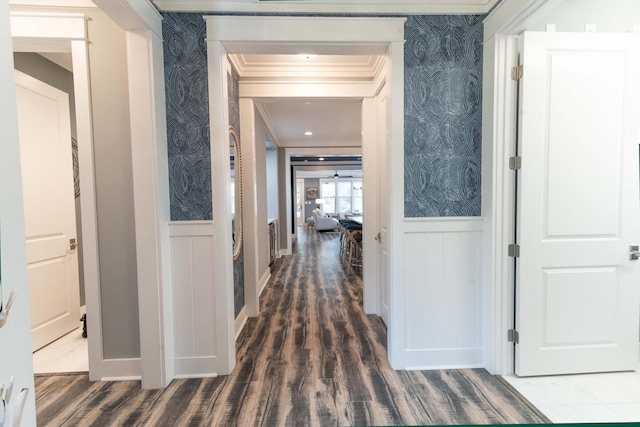 105 Somersault Ln, Inlet Beach, FL 32461 - hall with a wainscoted wall, wood finished floors, crown molding, wallpapered walls, and a decorative wall