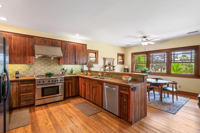 25 17th St, Apalachiacola, FL 32320 - kitchen with under cabinet range hood, appliances with stainless steel finishes, a sink, backsplash, and a peninsula