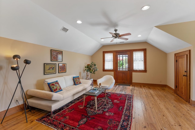 25 17th St, Apalachiacola, FL 32320 - living room with lofted ceiling, a ceiling fan, light wood-style floors, baseboards, and recessed lighting