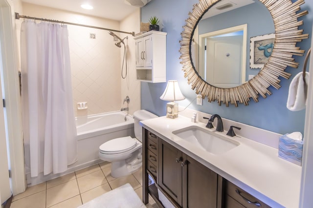 bathroom with toilet, shower / bathtub combination with curtain, tile patterned flooring, and vanity