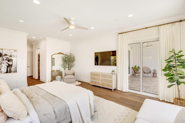 1341 Driftwood Point Rd, Santa Rosa Beach, FL 32459 - bedroom with access to outside, wood finished floors, recessed lighting, ornamental molding, and a ceiling fan