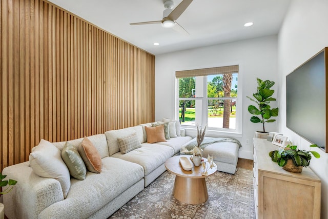 1341 Driftwood Point Rd, Santa Rosa Beach, FL 32459 - living area featuring a ceiling fan, wood finished floors, recessed lighting, and baseboards