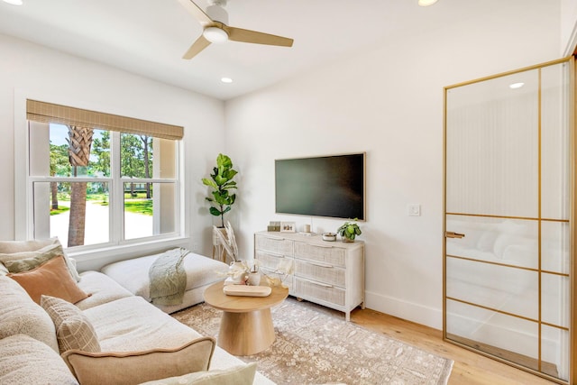 1341 Driftwood Point Rd, Santa Rosa Beach, FL 32459 - living area featuring wood finished floors, a ceiling fan, recessed lighting, and baseboards
