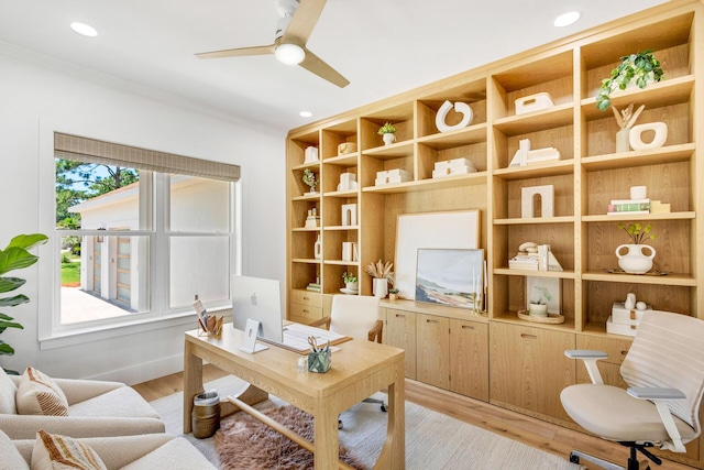 1341 Driftwood Point Rd, Santa Rosa Beach, FL 32459 - office featuring light wood-type flooring, ceiling fan, crown molding, and recessed lighting
