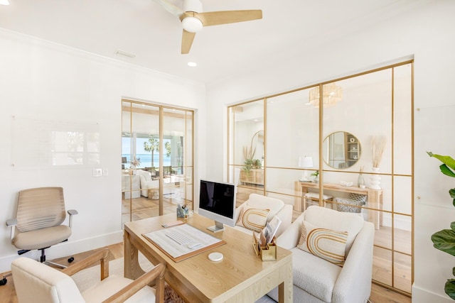 1341 Driftwood Point Rd, Santa Rosa Beach, FL 32459 - office area featuring ceiling fan, baseboards, light wood-type flooring, and recessed lighting