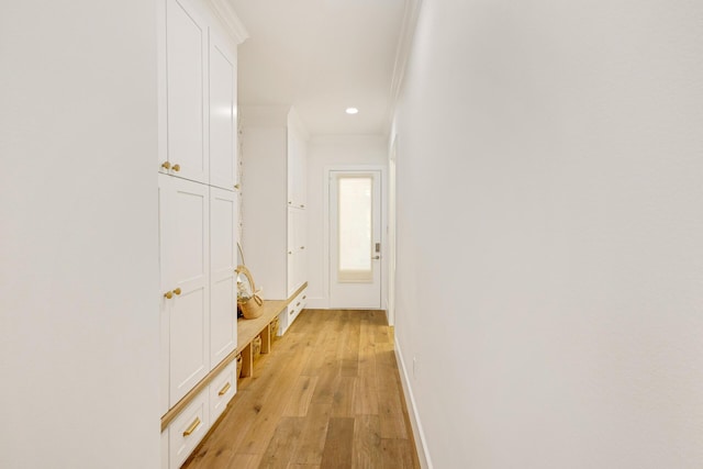 1341 Driftwood Point Rd, Santa Rosa Beach, FL 32459 - corridor with light wood-style flooring, crown molding, baseboards, and recessed lighting