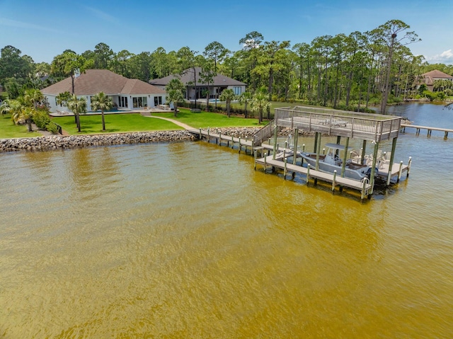 1341 Driftwood Point Rd, Santa Rosa Beach, FL 32459 - dock area featuring a water view, a lawn, and boat lift