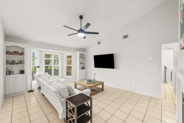 149 Kel Wen Cir, Destin, FL 32541 - living room featuring a ceiling fan, light tile patterned floors, and high vaulted ceiling