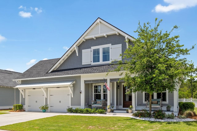 craftsman house with covered porch, an attached garage, roof with shingles, and concrete driveway