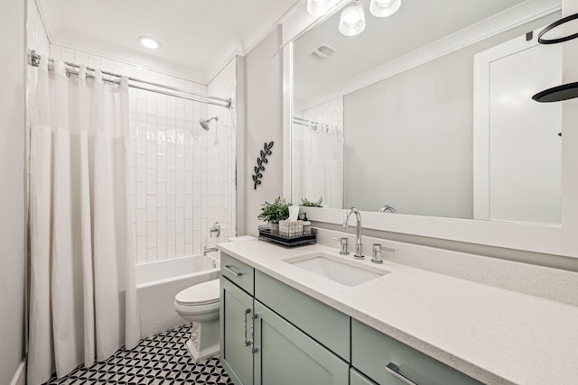 bathroom featuring toilet, vanity, shower / bath combination with curtain, and recessed lighting