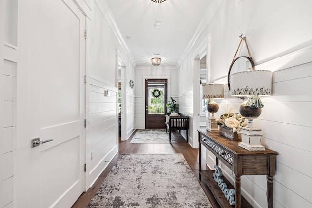 entryway with dark wood-style flooring, ornamental molding, and a decorative wall
