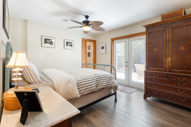bedroom with french doors, access to outside, dark wood finished floors, and a ceiling fan