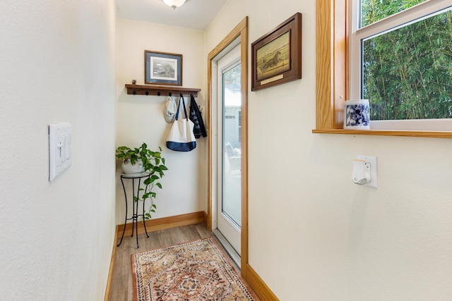doorway to outside featuring wood finished floors and baseboards
