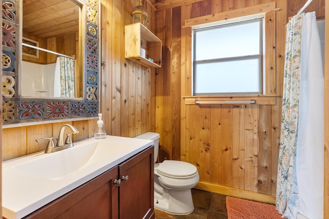 full bathroom featuring wooden walls, toilet, a shower with shower curtain, wooden ceiling, and vanity